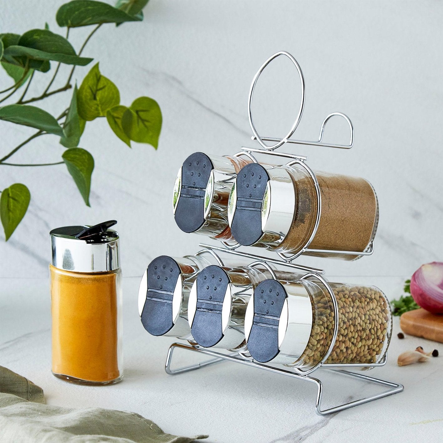 Spice Jar Rack Set with Glass Containers – Rotating Kitchen Spice Organizer