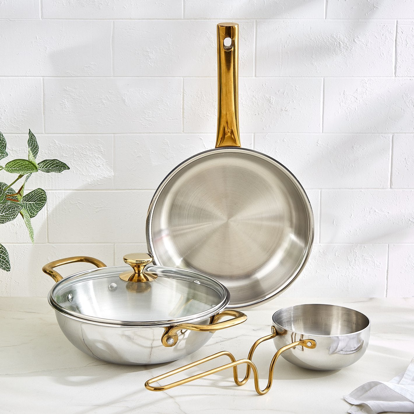 Stainless Steel Cookware Set with Gold Handles – Premium Kitchen Pots & Pan Set