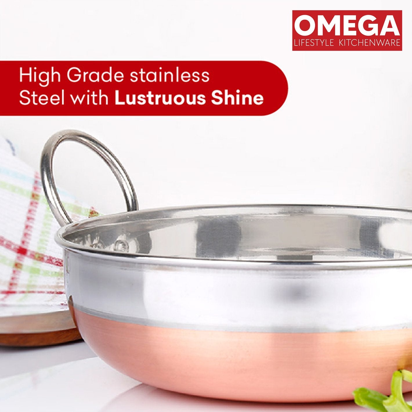 Omega Stainless Steel Copper Bottom Kadai – Premium Induction Friendly Cooking Pan