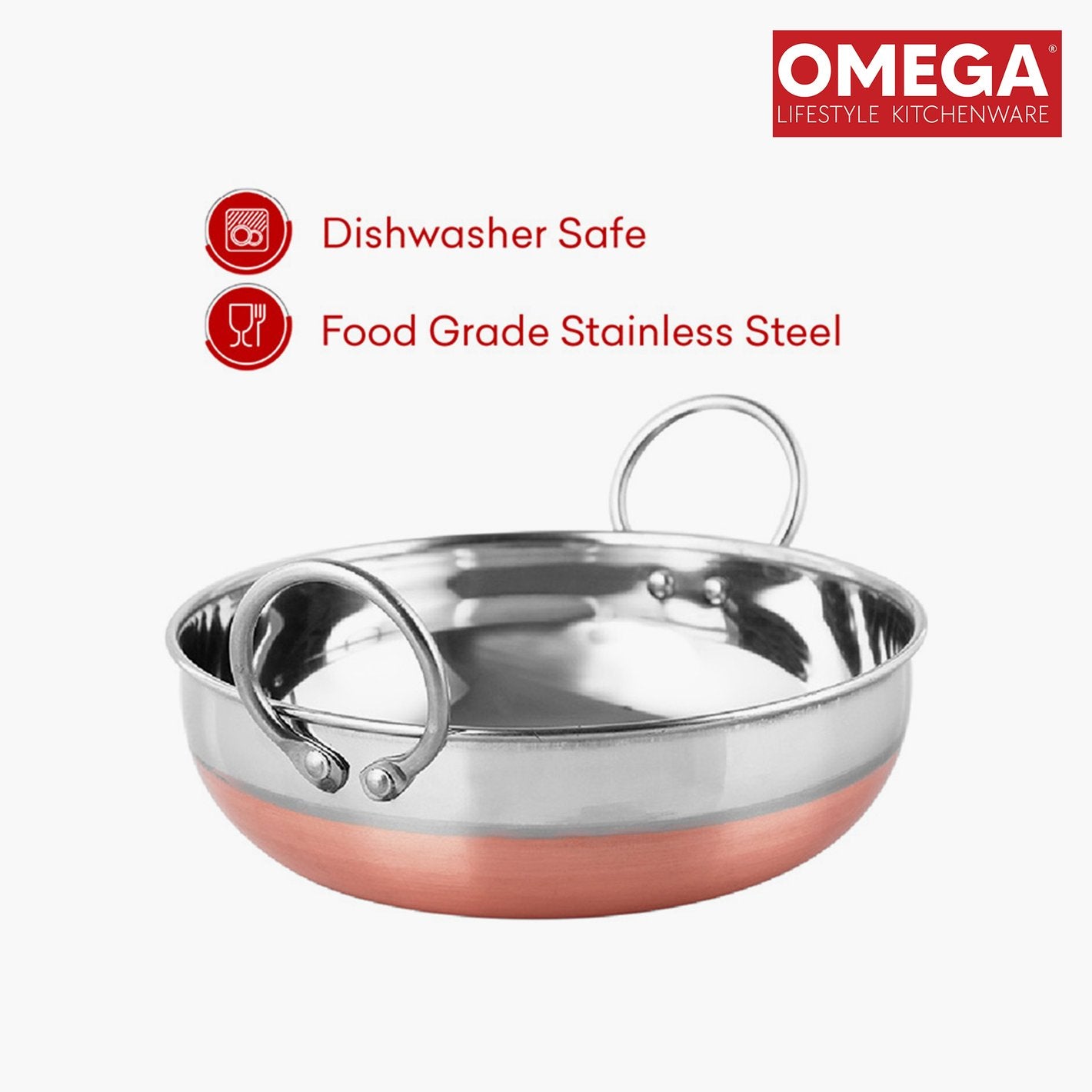 Omega Stainless Steel Copper Bottom Kadai – Premium Induction Friendly Cooking Pan
