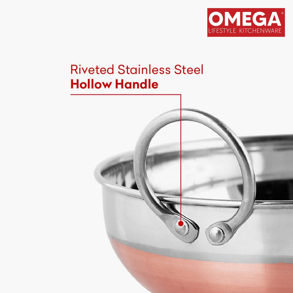 Omega Stainless Steel Copper Bottom Kadai – Premium Induction Friendly Cooking Pan